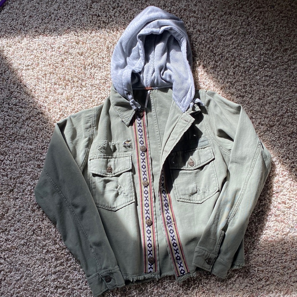 Free People Distressed Army Green Hooded Jacket